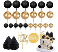 Morofme Black Gold Cake Toppers 26pcs, Boho Cake Decorations with Black Gold Cake Balls, Palm Leaves Cake Decoration, Happy Birthday Cake Topper for Wedding Men Women Birthday Party Cake Supplies