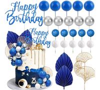 Morofme Blue Balls Cake Decorations Navy Blue Themed Cupcake Toppers White Silver Balloon Cake Topper Glitter Happy Birthday Cake Decor Elegant Boho Cupcake Picks for Wedding Men Birthday Party