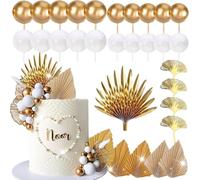 Morofme Champagne Gold Cake Decorations 29 Pcs, Boho Birthday Cake Topper Set with Gold White Ball Cake Toppers, Gold Palm Leaves Cupcake Decorations for Boho Theme Wedding, Birthday Party Decor