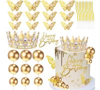 Morofme Diamond Crown Cake Topper 35Pcs, Gold Cake Balls Cake Decorations with Acrylic"Happy Birthday" Card, Gold Butterfly Sign Birthday Decoration for Family Gathering Wedding Decor