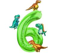 Morofme Dino Numbers Balloon 6.40 Inch Balloon Numbers with 4 Pieces Dino Balloon, Green Foil Balloon 6, Dinosaur Helium Balloon 6 for Jungle Theme Birthday, Anniversary Party Decoration