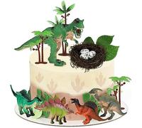 Morofme Dinosaur Cake Toppers - 18pcs Dino Cake Cupcake Topper with Mini Dinosaur Figures, Egg, Leaf, Tree for Dino Roar Theme Birthday or Baby Shower Party Supplies