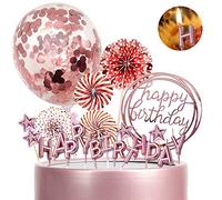 Morofme Rose Gold Cake Topper with Happy Birthday Candles, Acrylic Birthday Cake Topper, Confetti Balloon Paper Fan, Pink Star Cake Cupcake Topper for Rose Gold Theme Party Decor