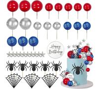 Morofme Spider Cake Topper - Spider Web & Stars Cake Decorations - Boys & Men's Birthday Toppers - Red, Silver & Blue Glitter Balls - Cupcake Topper for Baby Showers