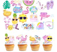 Morofme Summer Cupcake Toppers 34 Pcs, Pool Themed Birthday Cake Topper with Swim Rings, Sun, Fruit Deasigns，Hawaiian Cake Decorations Cake Toppers for Birthday, Swimming Pool Party Supplies