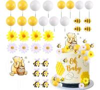 Morofme Winnie the Pooh Cake Toppers 33 Pcs, Yellow White Cake Balls Bee Birthday Cake Toppers, Winnie the Pooh Themed Cake Topper for Cupcake, Cookies, Birthday, Themed Party Cake Decorations