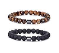 MOROTOLE Mens Beaded Bracelet Tiger Eye 8MM Natural Stone Beads Bracelet Set Adjustable Stretch Lava Rock Bracelets for Men Black Crystal Beaded Bracelets for Men Father Boyfriend Brother Gifts