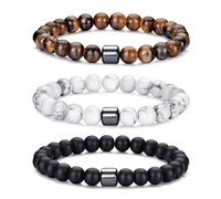 MOROTOLE Mens Beaded Bracelet Tiger Eye 8MM Natural Stone Beads Bracelet Set Adjustable Stretch Lava Rock Bracelets for Men Black Crystal Beaded Bracelets for Men Father Boyfriend Brother Gifts