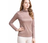 MOROUTLINE Silk Tops Turtleneck Long Sleeve 100% Mulberry Silk Blouse for Women Slim Fit Thermal Layer High Neck T Shirt, Light Brown, L
