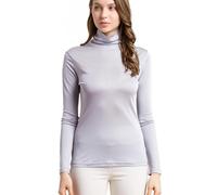 MOROUTLINE Silk Tops Turtleneck Long Sleeve Silk T Shirt Ultra Soft Thermal Layer Tops Slim High Neck Blouse, Silver Grey, S