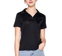 MOROUTLINE Women's Silk Polo Shirts Collar V Neck Golf Tee Top Short Sleeve Business Casual Tunic Blouses, Black, L