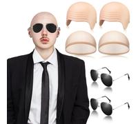 Morpeen Halloween Bald Cap with Glasses Bald Head Wig Cap Party Costume Accessories, Shirt Sunglasses Hip Hop Rap Singer for Adult Halloween Festival Concert Cosplay，6 Pcs Halloween Bald Cap