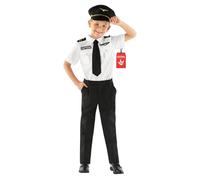 Morph, Kids Pilot Costume, Halloween Costumes for Kids | White Captain Shirt with Attached Black Tie, Smart Black Trousers Included, Perfect for Halloween, Fun for Fancy Dress