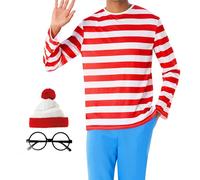 Morph Red and White Stripe Shirt Costume with Hat and Round Glasses, Easy Adult Costume, Book Character Costume For Adults, Medium