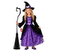 Morph Witch Costume Kids, Girls Halloween Costume | Rich Dress with Bat-accent Detailing, Matching Pointed Witch Hat Included, Perfect for Halloween, Fun for Fancy Dress