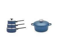Morphy Richards 20cm Cast Aluminium Casserole & 3-Piece Saucepan Set, Non-Stick Coating, Soft-Touch Handles, Oven Safe, All-Hob Compatible, Blue Cookware Bundle