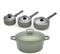 Morphy Richards 20cm Cast Aluminium Casserole & 3-Piece Saucepan Set, Non-Stick Coating, Soft-Touch Handles, Oven Safe, All-Hob Compatible, Green Cookware Bundle