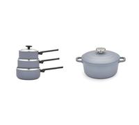 Morphy Richards 20cm Cast Aluminium Casserole & 3-Piece Saucepan Set, Non-Stick Coating, Soft-Touch Handles, Oven Safe, All-Hob Compatible, Grey Cookware Bundle