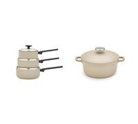 Morphy Richards 20cm Cast Aluminium Casserole & 3-Piece Saucepan Set, Non-Stick Coating, Soft-Touch Handles, Oven Safe, All-Hob Compatible, Cream Cookware Bundle
