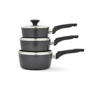 Morphy Richards 3-Piece Pan Set, Forged Aluminium, Durable, Premium, Ceramic Coated, Non Stick, Soft Touch Handles, Tempered Glass Lid, Oven Safe, Suitable for All Hobs | 16,18 & 20cm Pans | 859004