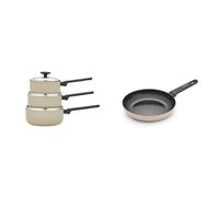 Morphy Richards 3-Piece Saucepan Set & 24cm Frying Pan, Recycled Aluminium, Non-Stick Ceramic Coating, Soft-Touch Handles, All-Hob Compatible, Cream Cookware Bundle