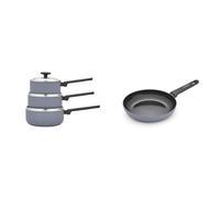 Morphy Richards 3-Piece Saucepan Set & 24cm Frying Pan, Recycled Aluminium, Non-Stick Ceramic Coating, Soft-Touch Handles, All-Hob Compatible, Grey Cookware Bundle