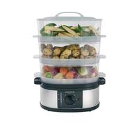 Morphy Richards 3 Tier Food Steamer, 9L, 60 Minute Timer with Bell, Instant Steam Production, Visible Water Gauge, Rice Tray, 750W, Stainless Steel,