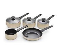 Morphy Richards 5 pc Saucepan Set, Recycled Aluminium, 14cm Milk Pan, 23cm Frying Pan, 16cm, 18cm & 20cm Saucepan, Non Stick Coating, Soft Touch Handles, Suitable for All Hobs, Cream, 859504