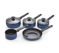 Morphy Richards 5-Piece Saucepan Set, Recycled Aluminium, 14cm Milk Pan, 23cm Frying Pan, 16cm, 18cm & 20cm Saucepan, Non Stick Coating, Soft Touch Handles, Suitable for All Hobs, Blue