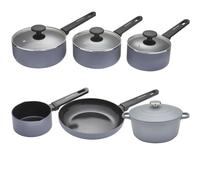 Morphy Richards 5-Piece Saucepan Set & 24cm Cast Aluminium Casserole, Non-Stick, Recycled Aluminium, Soft-Touch Handles, Oven Safe, All-Hob Compatible, Grey Cookware Bundle