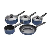 Morphy Richards 5-Piece Saucepan Set, Recycled Aluminium, 14cm Milk Pan, 23cm Frying Pan, 16cm, 18cm & 20cm Saucepan, Non Stick Coating, Soft Touch Handles, Suitable for All Hobs, Blue