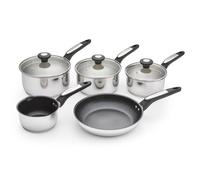 Morphy Richards 5-Piece Stainless Steel Pan Set, Dual Pouring Spout Non Stick, Tempered Glass Lid, Soft Touch, Suitable for All Hobs |Milk Pan| 16/18/20cm Saucepans |24cm Frying Pan | 859505