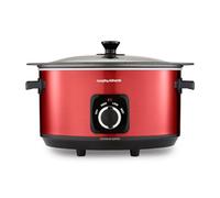 Morphy Richards Accents 6.5L Sear & Stew Slow Cooker, Shatter Resistant Non Stick Aluminium Pot, Single Pot Cooking, 3 Heat Settings, Hob Proof, Glass Lid, Easy Clean & View, Red, 461026