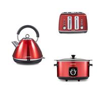 Morphy Richards Accents Kitchen Bundle, 1.5L, 3KW Rapid Boil Pyramid Kettle, 4 Slice Toaster & Slow Cooker 6.5L, Easy Operation, Stylish Retro Design, Matching Set, Red, 102048 | 242048 | 461026