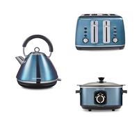 Morphy Richards Accents Kitchen Bundle, 1.5L, 3KW Rapid Boil Pyramid Kettle, 4 Slice Toaster & Slow Cooker 3.5L, Easy Operation, Stylish Retro Design, Matching Set, Blue, 102049 | 242049 | 460023