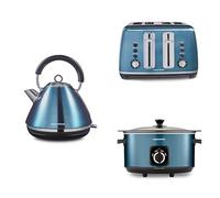 Morphy Richards Accents Kitchen Bundle, 1.5L, 3KW Rapid Boil Pyramid Kettle, 4 Slice Toaster & Slow Cooker 6.5L, Easy Operation, Stylish Retro Design, Matching Set, Blue, 102049 | 242049 | 461023