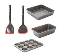 Morphy Richards Bakeware & Utensil Set - 12 Cup Muffin Tin, 9" Square Cake Tin, 2lb Loaf Tin, Slotted Turner & Solid Turner | Non-Stick Carbon Steel | Oven Safe 230°C