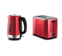 Morphy Richards Equip Red Jug Kettle - 1.7L - Rapid Boil - Limescale Filter - 102785 & Equip Red 2 Slice Toaster - Defrost And Reheat Settings - 2 Sl