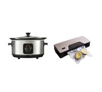 Morphy Richards Slow Cooker 3.5L + Cordless Vacuum Sealer | Ceramic Pot, 3 Settings, Easy Clean | Compact Sealer with 5 Modes, USB Charging, Built-in Cutter | Silver & Brushed Steel | 460017 & 432040