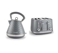 Morphy Richards Vector Kettle and Toaster Set, 1.5L, 3KW Rapid Boil Pyramid Kettle & 4 Slice Toaster with Variable Browning & Width Slots, Grey, 108135 | 248135