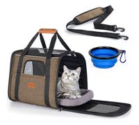 Morpilot Cat Carrier - Airline Approved, Top Opening Portable Dog Bag with Breathable Mesh/Removable Mat, Adjustable Shoulder Strap & Bowl, Foldable Travel Cage, M, Brown (Max 7kg)