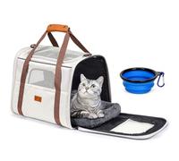 Morpilot Cat Carrier - Airline Approved, Top Opening Portable Dog Bag with Breathable Mesh/Removable Mat, Adjustable Shoulder Strap & Bowl, Foldable Travel Cage, L, Beige (Max 9kg)