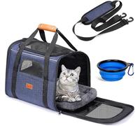 Morpilot Cat Carrier - Airline Approved, Top Opening Portable Dog Bag with Breathable Mesh/Removable Mat, Adjustable Shoulder Strap & Bowl, Foldable Travel Cage, M, Denim (Max 7kg)