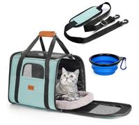 Morpilot Cat Carrier - Airline Approved, Top Opening Portable Dog Bag with Breathable Mesh/Removable Mat, Adjustable Shoulder Strap & Bowl, Foldable Travel Cage, M, Turquoise (Max 7kg)