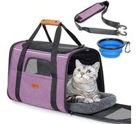 Morpilot Cat Carrier - Airline Approved, Top Opening Portable Dog Bag with Breathable Mesh/Removable Mat, Adjustable Shoulder Strap & Bowl, Foldable Travel Cage, M, Pink (Max 7kg)