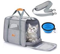 Morpilot Cat Carrier - Airline Approved, Top Opening Portable Dog Bag with Breathable Mesh/Removable Mat, Adjustable Shoulder Strap & Bowl, Foldable Travel Cage, L, Light Grey (Max 9kg)