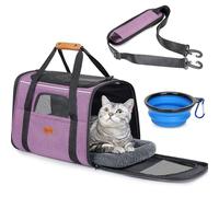 Morpilot Cat Carrier - Airline Approved, Top Opening Portable Dog Bag with Breathable Mesh/Removable Mat, Adjustable Shoulder Strap & Bowl, Foldable Travel Cage, L, Purple (Max 9kg)