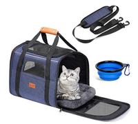 Morpilot Cat Carrier - Airline Approved, Top Opening Portable Dog Bag with Breathable Mesh/Removable Mat, Adjustable Shoulder Strap & Bowl, Foldable Travel Cage, M, Denim Blue (Max 7kg)