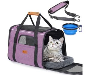 Morpilot Cat Carrier - Airline Approved, Top Opening Portable Dog Bag with Breathable Mesh/Removable Mat, Adjustable Shoulder Strap & Bowl, Foldable Travel Cage, M, Pink (Max 7kg)