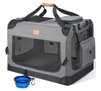 Morpilot Large Dog & Cat Carrier | Soft-Sided Pet Travel Crate, Foldable Dog Car Crate for Max 18kg, with Collapsible Bowl, Shoulder Strap & Storage Pockets, Grey
